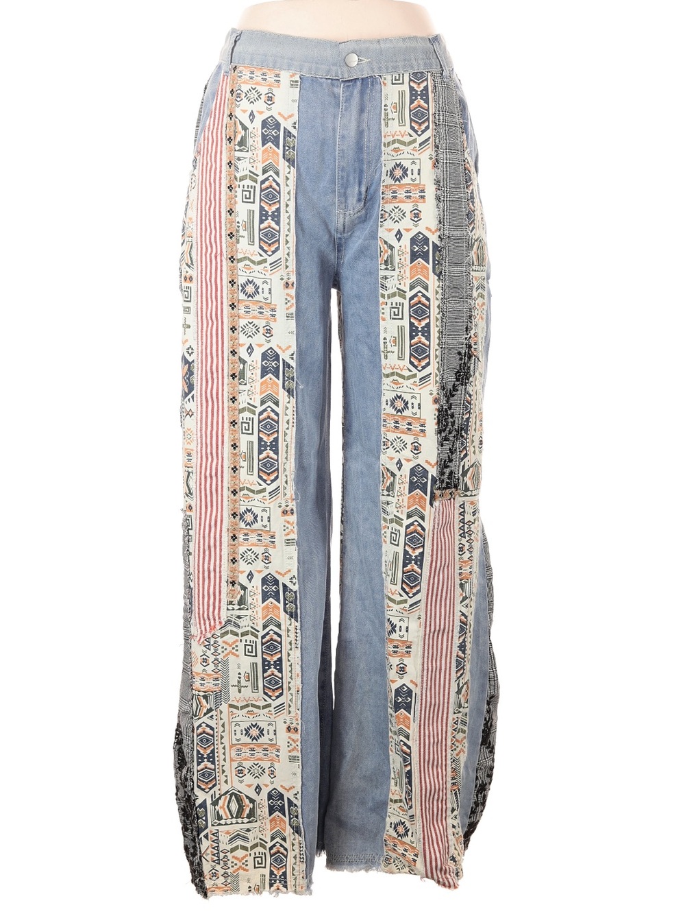 New: POL “Be Legendary” Bohemian Mixed Patchwork Wide Leg Jeans• Large - Picture 8 of 8